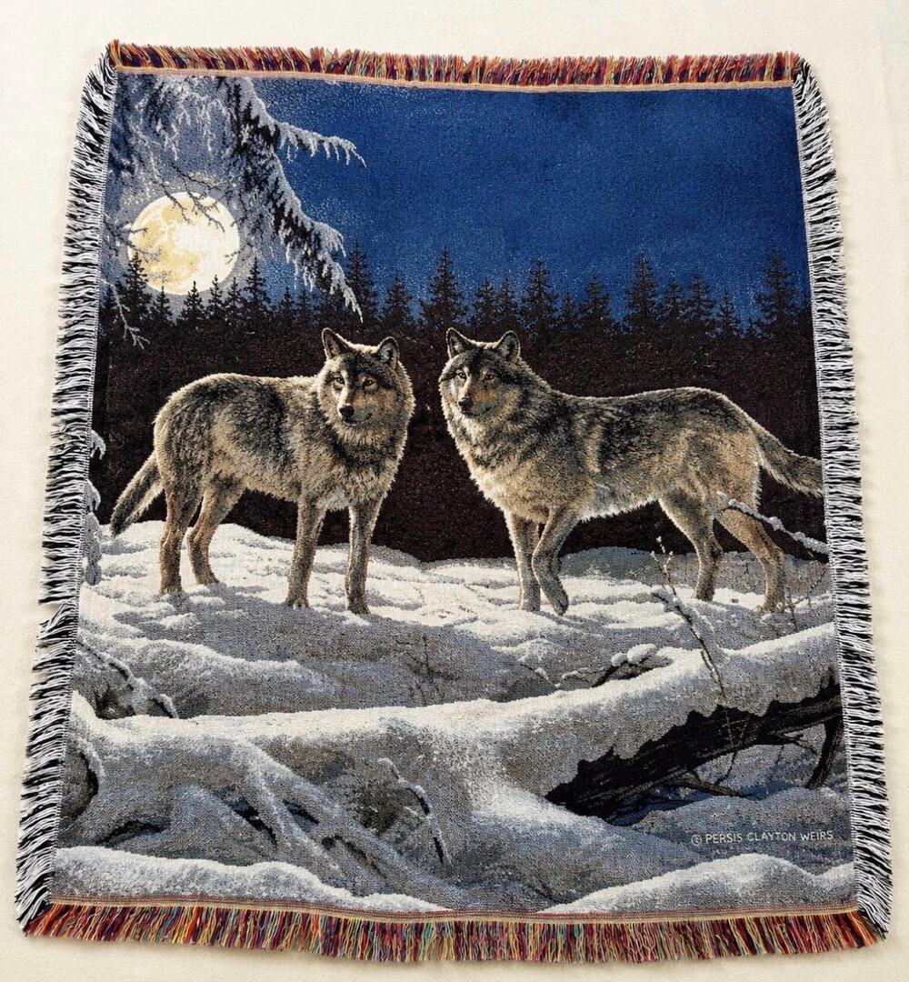 Persis Clayton Weirs Wolf Tapestry Throw Blanket | Moonlit Wolves Woven Afghan